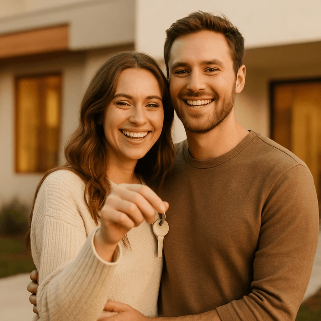 Happy couple holding keys to their new home